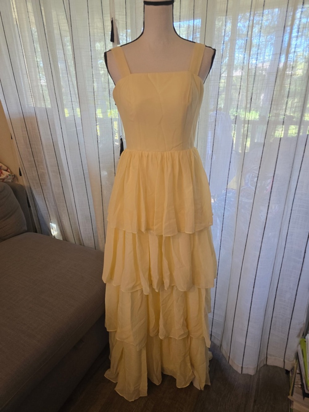 Tiered Pale Yellow Maxi Dress with Square Neck and Wide Straps